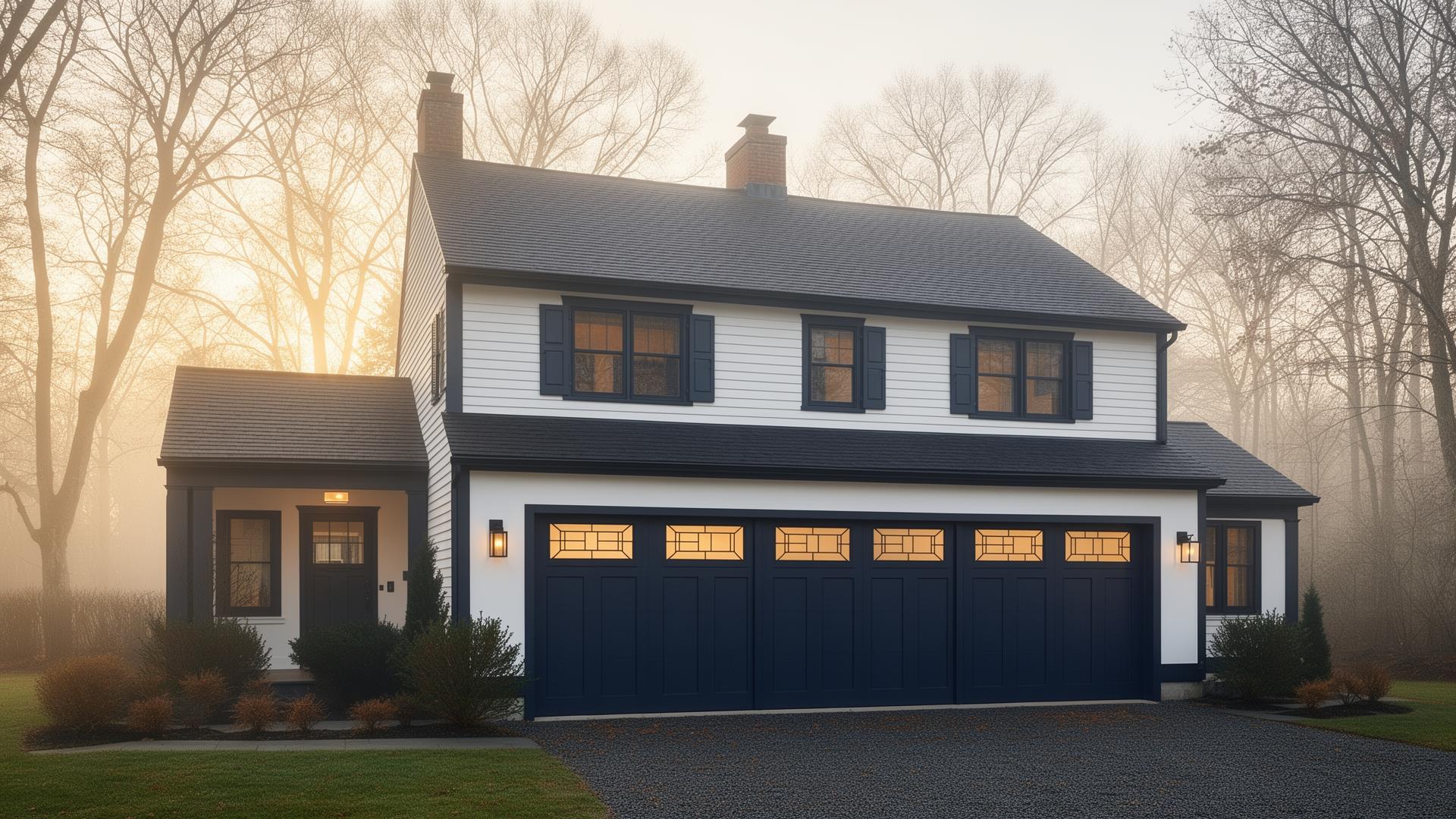 Beautiful New England colonial home with elegant mid-century modern garage doors featuring geometric window patterns in misty morning light